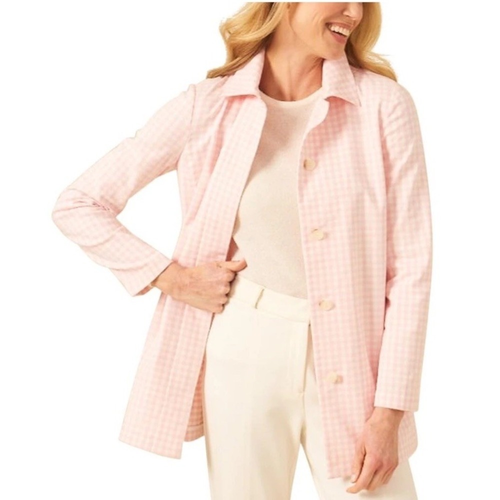 J McLaughlin Tyra Coat Size Large Pink Gingham Trench Coat